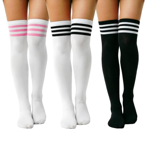 Image of DRESHOW 3 Pairs Thigh High Socks Striped Over Knee Thin Tights Long Stocking Knee High Leg Warmer