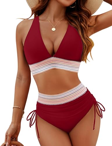 Image of Blooming Jelly Women High Waisted Bikini Sets Tummy Control Swimsuits Color Block Two Piece Drawstring Bathing Suit