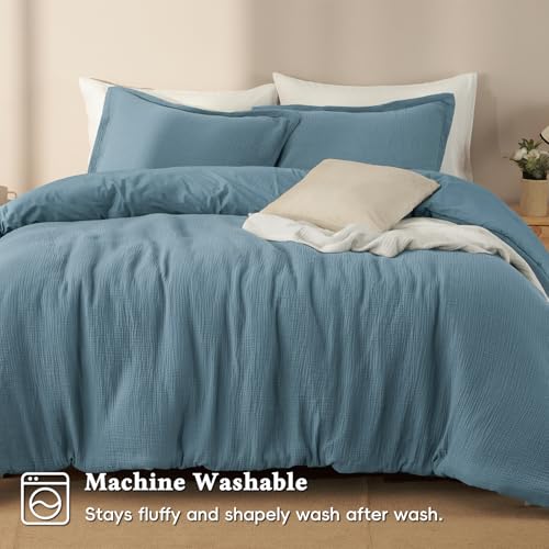 Image of David's Home Cotton Muslin Comforter Set King Size, 100% Cotton Cover Ultra-Soft Breathable Skin-Friendly for Spring Summer, 3PCS Linen Like Gauze Bedding Set with Polyester Filling, Prussian Blue