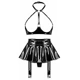  ranrann Ensemble Femme Sexy Haut et Jupe Wetlook Cuir Verni Mini Robe Courte Erotique Dos Nu Bodycon Robe Moulant Effet Mouillé Costume de Soirée Cocktail Clubwear S-XXL Type F Noir S