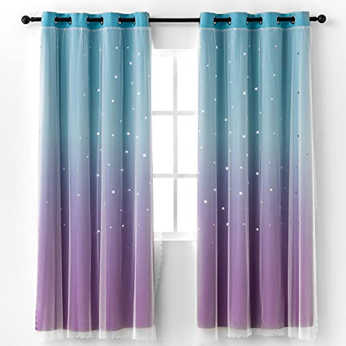 Image of Reepow Kids Room Curtains with Hollow-Out Star and Tulle Overlay, Blue Purple Ombre Blackout Curtains for Boys Girls Bedroom - 52" x 63" x 2 Panels