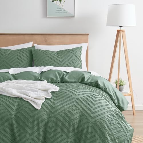 Image of Boho Boho Duvet Cover Queen - Textured Tufted Green Bedding Set, 3 Piece Queen Duvet Cover with Zipper Closure, 90x90 Inches and 2 Pillow Shams
