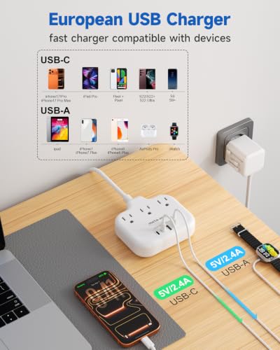 Image of European Travel Plug Adapter - Multi Country Outlet Adapter with 3 AC Outlets & 4 USB(2USB-C)4.2A, 5ft Universal Power Cord, Worldwide Outlet Charger for Europe EU Germany France, Type A /C /G /I, Travel
