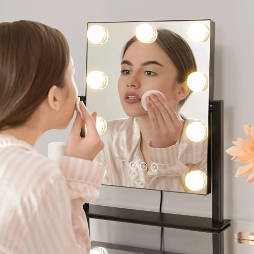Image of Kotdning Vanity Mirror with Lights,Lighted Vanity Mirror with 9 Dimmable Bulbs for Dressing Room & Bedroom,3 Color Lighting,Modes Detachable 10x Magnification 360Ratation (Black) 12 inch L x 14.4 inch W
