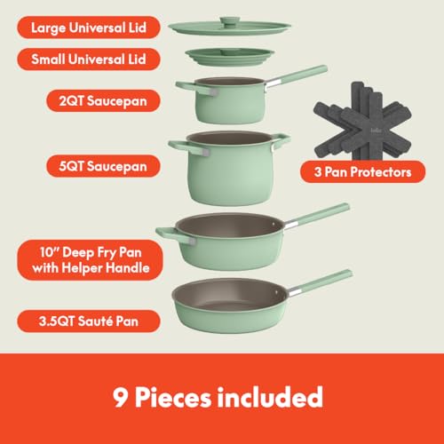Image of bella 9 Piece Ceramic Nonstick Cookware Set, Fits-anywhere Kitchenware w EverGood Coating, Dishwasher & Oven Safe, All Stovetops Compatible, Stackable Design, Cool Touch Handles, Seaglass