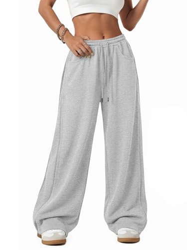 ATHMILE Wide Leg Sweatpants Women Y2k Parachute Pants Grey Sweat Pants with Pockets Elastic Waist Lounge Track Pants