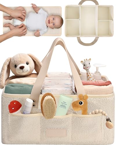 Image of Toodly Baby Diaper Caddy Organizer with Portable Changing Mat - Teddy Fleece Diaper Organizer for Changing Table - Basket for Changing Essentials - Baby Essentials Organizer with Removable Dividers