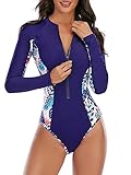 Womens Athletic One Piece Swimsuits Long Sleeve Swimsuit Sports Surfing Swimwear Bathing Suits Navy Blue Leaf S