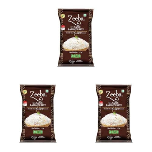 Image of Zeeba Classic Basmati Rice 5 Kg, Raw & Naturally Aged for 2 years, Extra Long Grains (Cooked length upto 27mm*) (Pack of 3)