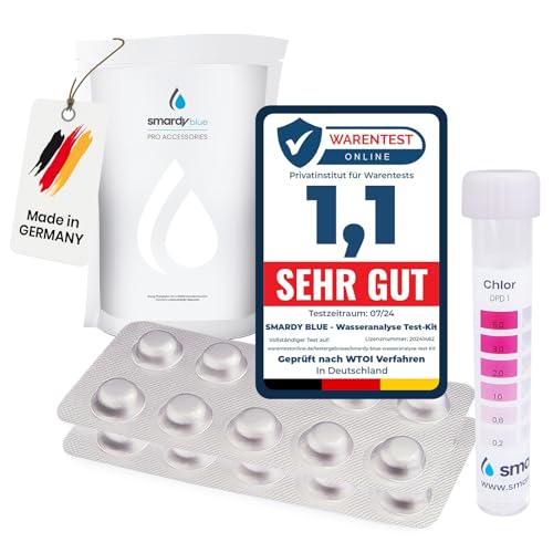 SMARDY 40 Pastillas de Prueba Rápida para Agua Potable, Acuario, Piscina - 20x Phenol Red (Valor de PH) y 20x DPD1 (Cloro Libre) Tabletas de Prueba con 1x Tubo de Ensayo de Plástico