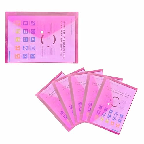 A4 Plastic Wallet with Popper, Translucent A4 Files Folders with Snap Closure Transparent Document Folder Clear Plastic Envelopes for School Office Home & Travel (Pink, 10 Pcs)