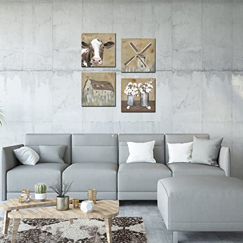 Rnnjoile 4 Piece Farm Canvas Wall Art Cottage Cow Windmills Cotton Flower Painting Poster Prints Framed Vintage Countryside Landscape Artwork For Cabin Farmhouse Decor Ready To Hang 12X12 Inch #TOP3