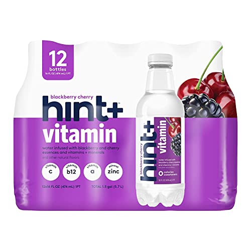 Hint+ Vitamin Blackberry Cherry, 16 Fl Oz (Pack of 12),Water Infused with Blackberry & Cherry, Vitamin Boost, 50% Daily Value Vitamin C, A, B12, Zinc, Zero Sugar, Zero Calories, Zero Diet Sweeteners