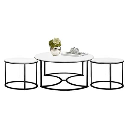 FURNIFOX MDF Top Gold Legs Coffee Table End Tables Round Wood Stacking Coffee Side Accent Table with Modern Nesting Tables Living Room, for Lounge,Contemporary (Full White)