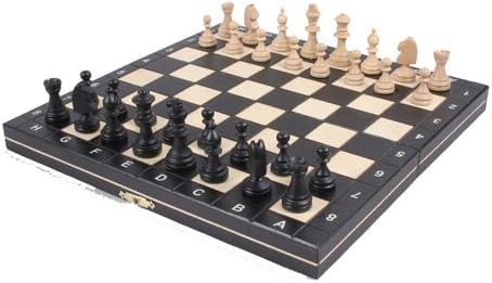 Wooden Magnetic Travel Chess Set with Black Chess Board and Storage Compartment