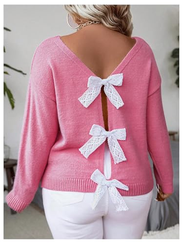 Image of GORGLITTER Women's Plus Bow Lace Open Back Sweater Long Sleeve Knit Fall Coquette Pullover Tops Pink 3X-Large Plus