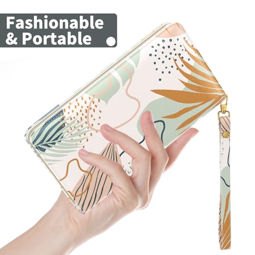 Image of Nipichsha Womens Wallet, RFID Wristlet Wallet for Women, Cute Ladies Purse, Large Credit Card Clutch Purse, Leather Card Holder Wallets with Zipper & Phone Holder, Boho Leaves