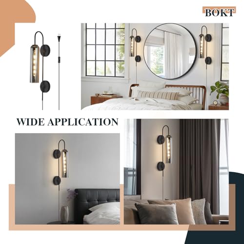 Image of BOKT Mid Century Plug in Wall Sconce Black Bathroom Wall Mounted Light with Smoke Glass Minimalist Long Wall Decor Lamp Plug in Cord Modern Bathroom Vanity Sconces Indoor Bedside Wall Lamp