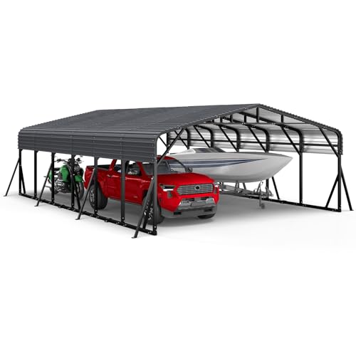 Image of Jocoevol 20x30FT Metal Carport, Heavy Duty Car Garage for Car, Boats Truck | Reinforced Support Rods and Windproof Ground Anchors, All-Weather Multi-Use Outdoor Shelter Outdoor Storage Canopy