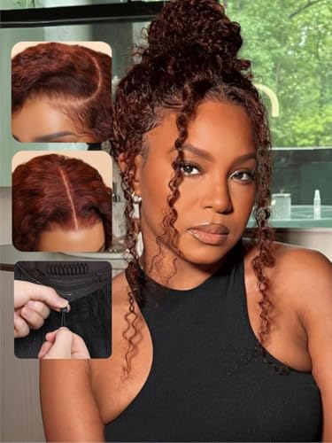 Image of 7x5 Curly Reddish Brown Glueless Wigs Human Hair Pre Plucked Pre Cut 22 Inch Put on and Go HD Lace Front Wig 180% Density Upgrade Bye Bye Slip Drawstring Curly Human Hair Finger Curls Wigs for Women