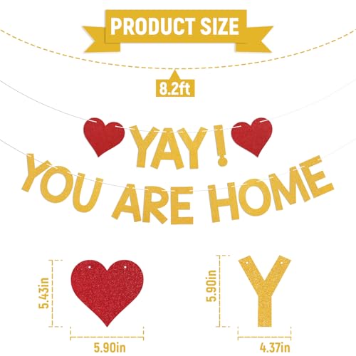 Image of Yay! You're Home! Banner - Welcome Back to Home Sign, Family Reunion Party Bunting Sign, Welcome Home Party Decorations Gold Glitter