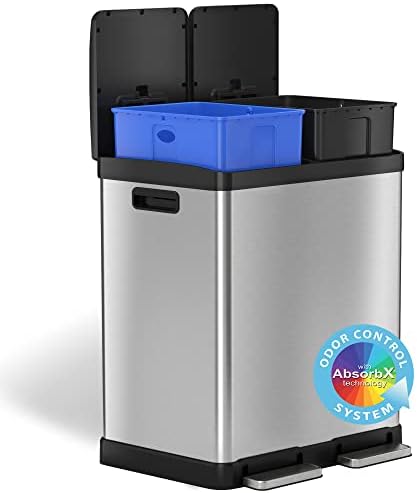 iTouchless SoftStep 16 Gallon Step Trash Can & Recycle Bin with Activated Carbon Filter Deodorizers, Stainless Steel, 2 x 8 Gallon (30L) Removable Color-Coded Buckets, Soft Close and Airtight Seal
