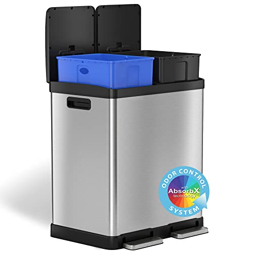 Itouchless Softstep 16 Gallon Step Trash Can & Recycle Bin With Activated Carbon Filter Deodorizers, Stainless Steel, 2 X 8 Gallon (30L) Removable Color-Coded Buckets, Soft Close And Airtight Seal #TOP7