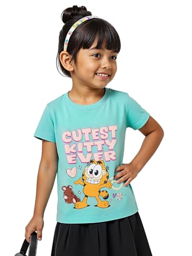 Image of The Souled Store Garfield: Cutest Kitty Girls Short Sleeves Round Neck Blue Graphic Printed Regular Fit Cotton T-Shirts (2-8 Yrs)