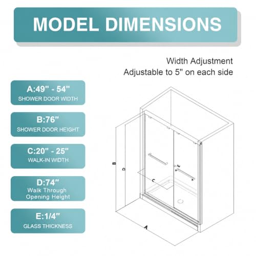 Image of KPUY Double Sliding Glass Shower Door 49-54 inch W x 76 inch H, Matte Black