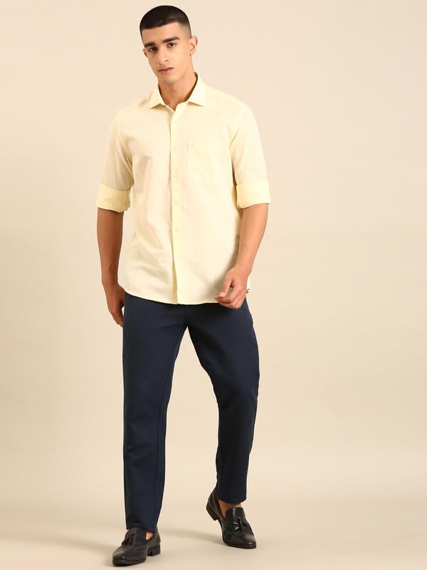 Image of Cavallo by Linen Club Men's Blended Linen Blue Solid Contemporary Fit Full Sleeve Casual Shirt