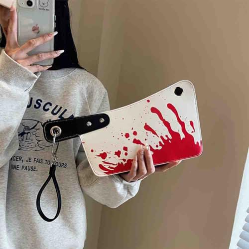 Image of PU Leather Creative Prank Knife Shoulder Bag, Japanese Cartoon Gothic Horror Crossbody Bag, Bloody Axe Chopper Clutch Purse