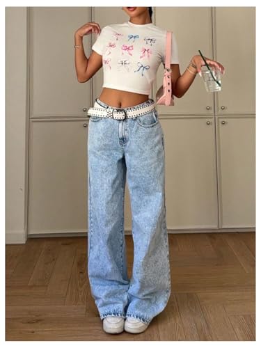 Milumia Girl's Bow Knot Baggy Jeans Low Waist Straight Wide Leg Y2k Denim Pants with Pockets4