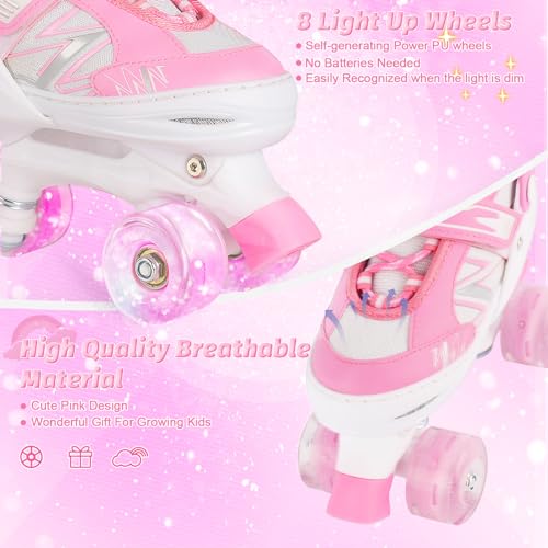 LIRENGUI Girls Roller Skates for Kids Children Beginner, Adjustable Kids Roller Skates with All Light Up Wheels for Sports, Pink & White (Small 11C-1 US) - image 3