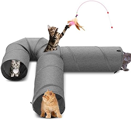 Ownpets Cat Tunnel Large 3 Way Collapsible Cloth Pet Tunnel Tube with Plush Ball & Feather Toy, U-Shaped Cat Play Tunnel for Indoor Cat, Puppy, Kitty, Kitten, Rabbit(Gray)