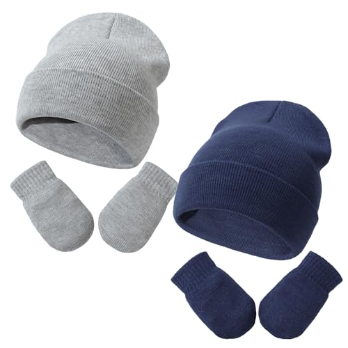 Image of Baby Beanie Hat Gloves Set, Kids Winter Warm Knit Hat with glvoes,Toddler Soft Beanie for Little Boys Little Girls Children