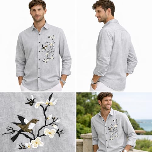 Image of Men's Premium Linen Embroidered Shirt - Casual Designer Floral Bird Embroidery Shirt for Men | Breathable Lightweight Summer Casual Party & Vacation Wear