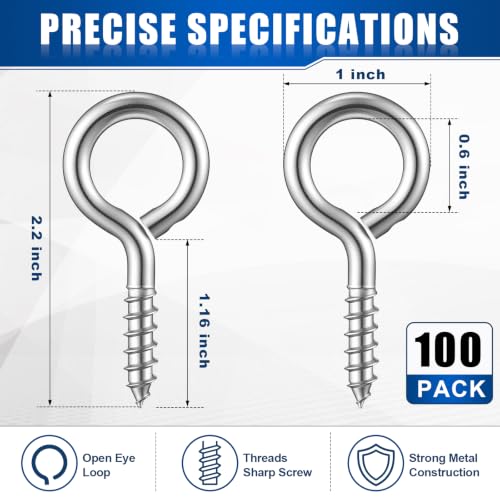Image of Hicarer 100 Pack 2.2 Inch Zinc Plated Carbon Steel Eye Bolt, M6 Thread Heavy Duty Screw Hook, Self Tapping Screw for Wood, Galvanized Ring Bolt for Indoor Outdoor Use