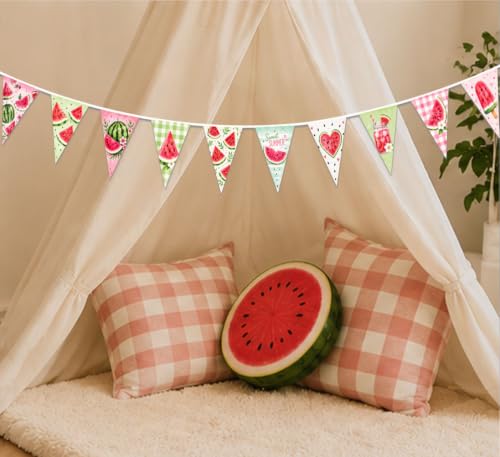 Image of Watermelon Summer Pennant Banner, 12 Pastel Watercolor Triangle Flags, Fabric Hanging Garland with Black Rope, Ready to Hang for Summer Party, Birthday, BBQ, Picnic, Baby Shower, Pool Party Decor
