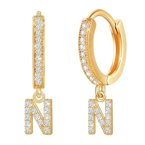18K Gold Filled Initial Dangle Hoop Earrings for Women, 1 Pair CZ Hypoallergenic Alphabet Letter A-Z Drop Dangle Dainty Gold Earrings, Small Huggie Hoop Earrings with Cubic Zirconia Gifts Jewelry (N) by Leuaydo - Used condition - US$14.92