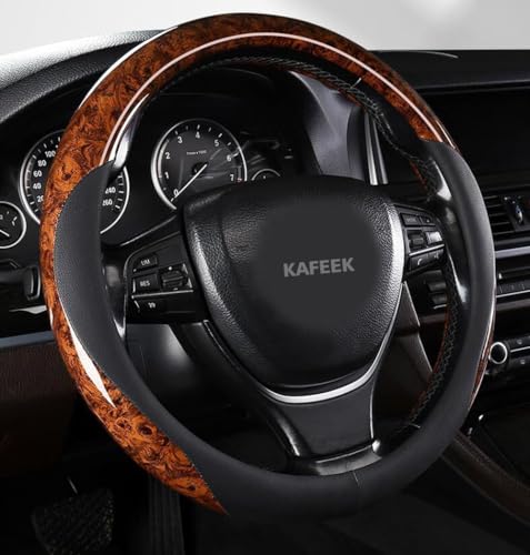 KAFEEK Wood Grain Steering Wheel Cover Microfiber Leather Universal 14 1/2-15 inch, Car Steering Wheel Cover Men Women, Comfortable, Anti-Slip, Odorless, Black