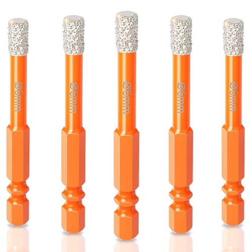 HIPX 6mm Tile Drill Bit Diamond Drill Bit for porcelain tiles 5 Pcs 6mm Hex Shank Diamond Drill Bit Sets for Granite Ceramic Marble Brick Glass Hard Materials