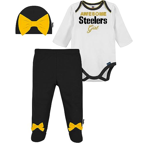 Image of Gerber NFL baby girls 3 Pack Bodysuit Registry Gift Set Footed Pant and Cap