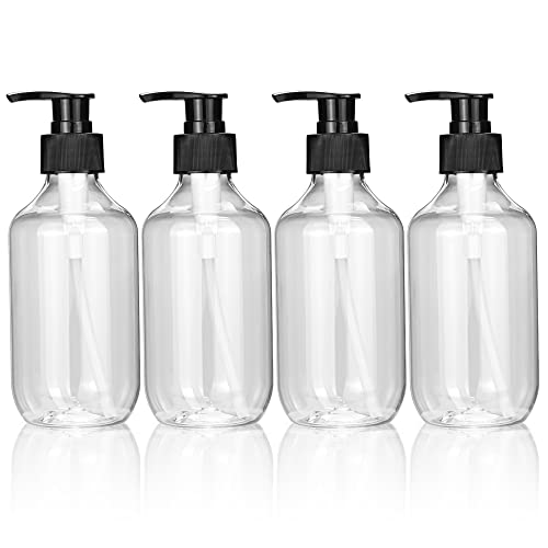 Lot de 4 flacons vides à pompe à presse, 300 ml rechargeables pour la cuisson des sauces, distributeur de savon liquide en plastique rechargeable pour huiles essentielles, shampooing, après-shampoing