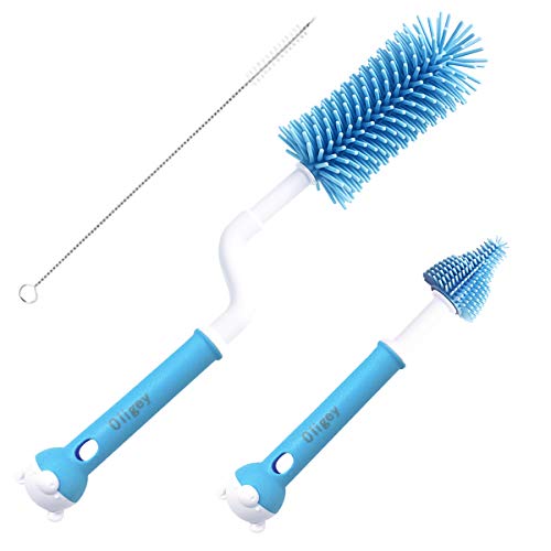 Image of Oligey Silicone Baby Bottle Brush Set Cleans Deep Container Nipple or Straw with Rotation Long Handle,3 in 1 Rubber Cleaning Kits Wash Infant Pacifier Teat Nozzle or Breast Pump by Spinning Handhold