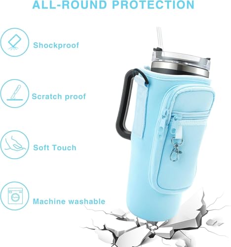 Image of House of Quirk Water Bottle Carrier Bag with Phone Pocket for Stanley 40 /30 oz Tumbler Neoprene Water Bottle Holder Pouch with Adjustable Strap (Mint)