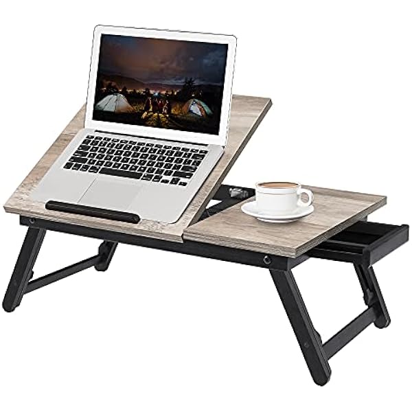 SONGMICS LLD105W01 Stolik/stojak pod laptopa, taca śniadaniowa, składane nogi, na łóżko i sofę, z regulacją wysokości, do laptopów o przekątnej ekranu do 15,6“, 55 x 35 x 23 cm, odcień greige