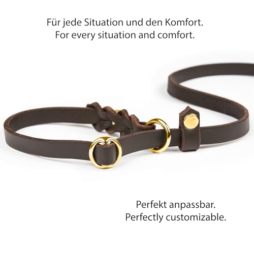 CopcoPet Retrieverleine mit Zugstopp für große Hunde – 1,20m x 18mm Moxonleine in Braun – Fettlederleine & Agilityleine aus Leder – stufenlos verstellbar, Handarbeit, Messing, wetterfest