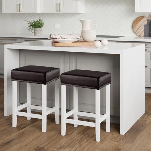 Image of YISUN Stool Covers Rectangle - 2 Pack Stretch Oilproof Waterproof PU High Chair Cover Vanity Stool Cover Pub Counter Bar Stool Covers Saddle Seat Cover with Elastic Bands