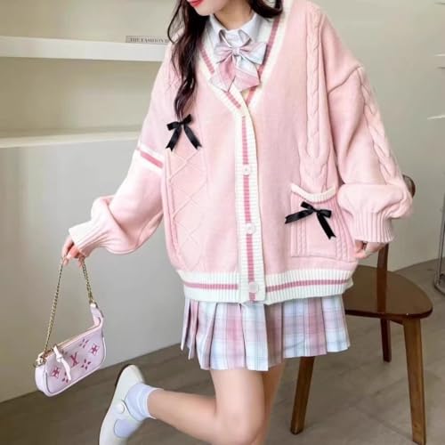 Preppy Kawaii Cute Cardigan Sweater for Teen Girls Women with Pastel Bows Loose-Fit Knitted Japanese4