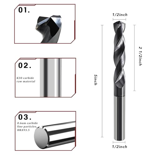 Image of 1 /2 Carbide Drill Bit for Hardened Steel Stainless Steel Hot Working Steel Metal CNC Tungsten Solid Carbide Twist Drill Bits 135 Point Angle